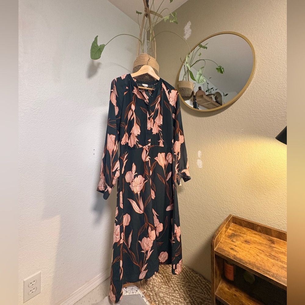 a new day Navy Long Sleeve Floral Maxi Dress with Blush Pink Print Large
